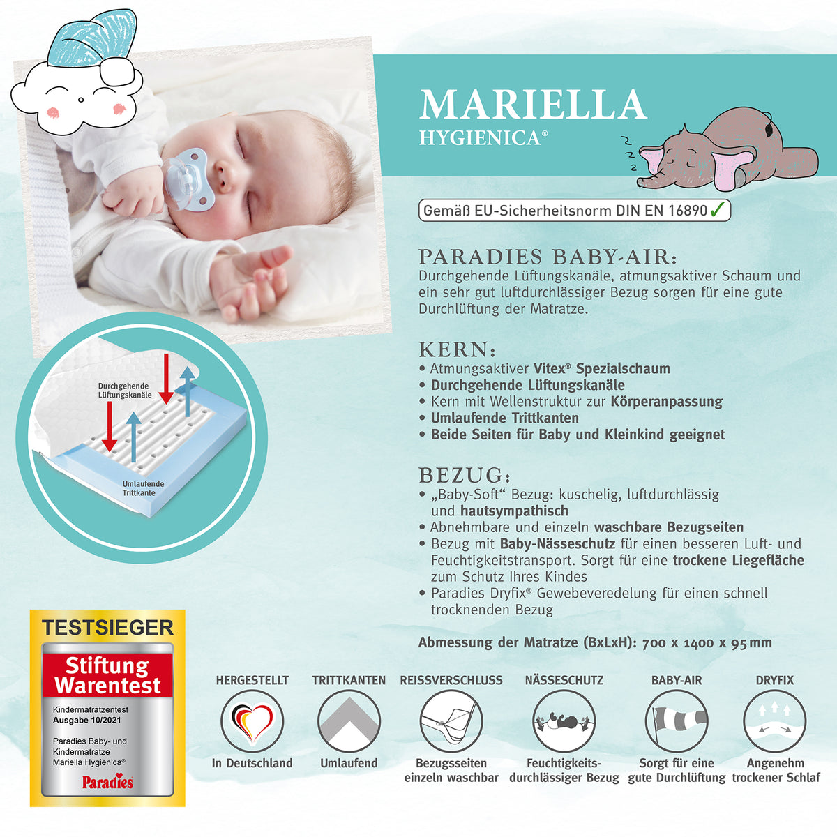 Kindermatratze Mariella-Hygienica® 70x140 cm - Der Testsieger